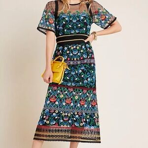 Anthropologie Black and Blue Embroidered Midi Dress